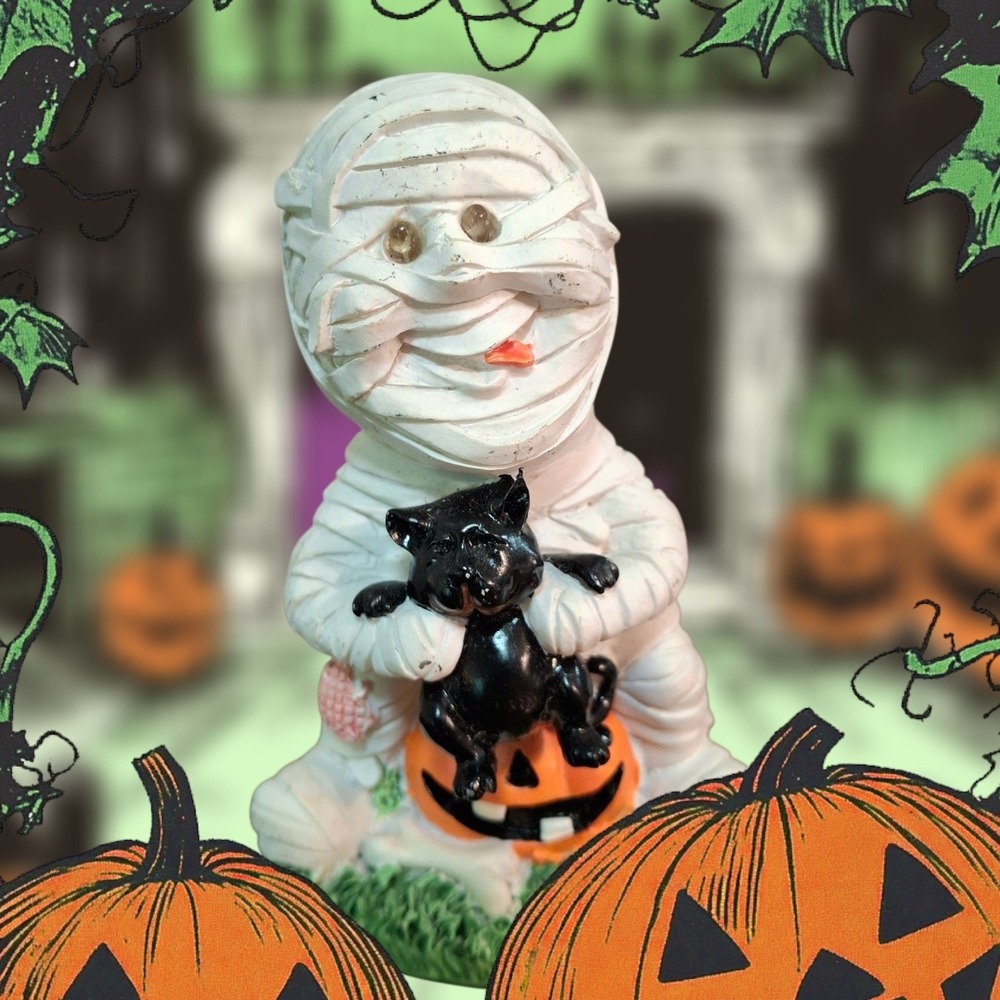 Vintage Cute Halloween Mummy Figurine Black Cat Pumpkin *Doesn't Light Up*